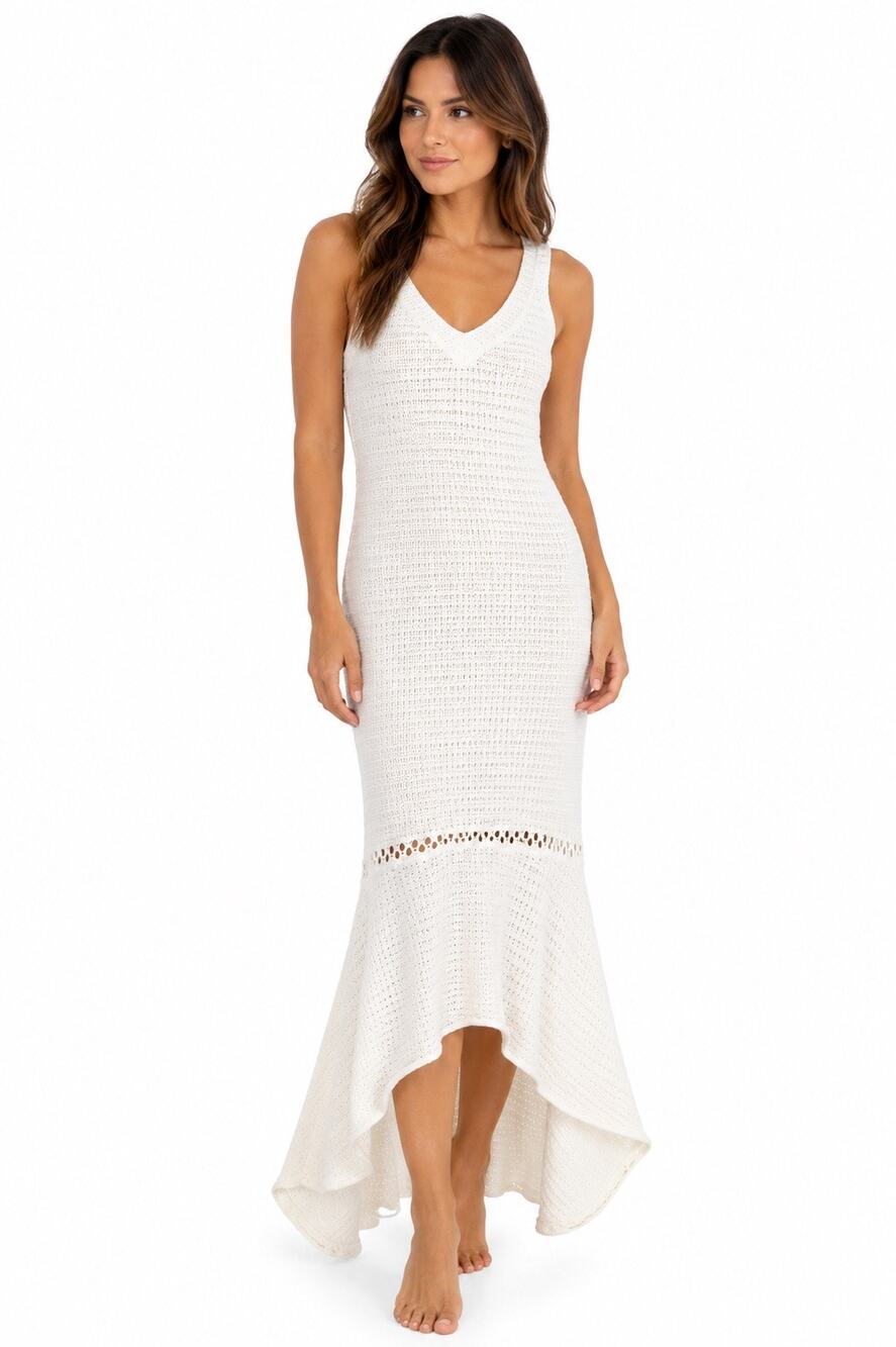 Scoop NYC White Crochet Knit Mermaid Maxi Dress High Low Hem Boho Resort Coastal